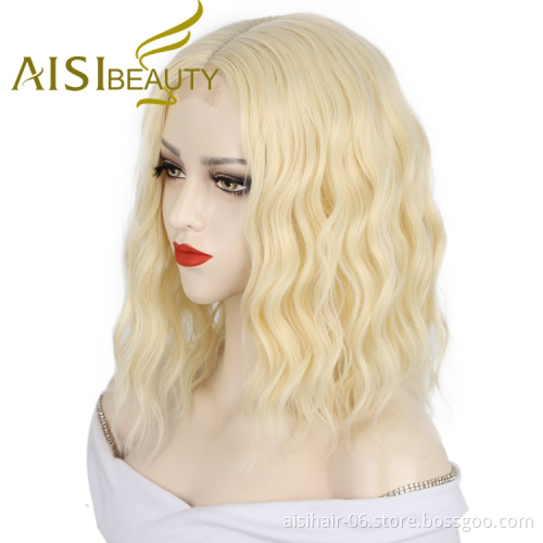 Aisi Beauty Silky Cheap Afro Body Wave Naturel Blonde Machine Made U Part Bob Cut For Women Short Wigs Synthetic Lace Front